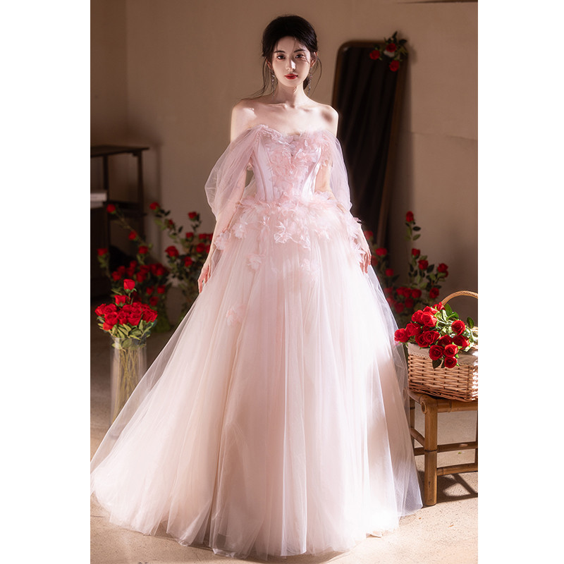 綺麗 ピンク 立体花 ふわふわ ウェディングドレス プリンセス 花嫁 結婚式 謝恩会 演奏会 前撮り 披露宴 08915