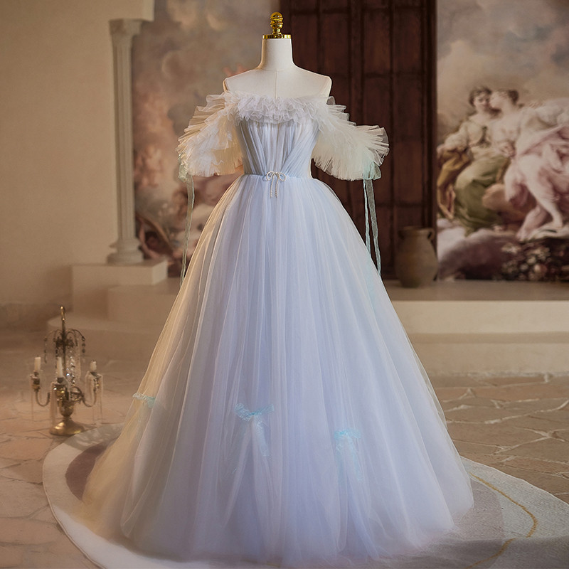 綺麗 薄青 オフショルダー ふわふわ ウェディングドレス プリンセス 花嫁 謝恩会 演奏会 前撮り 披露宴 08914