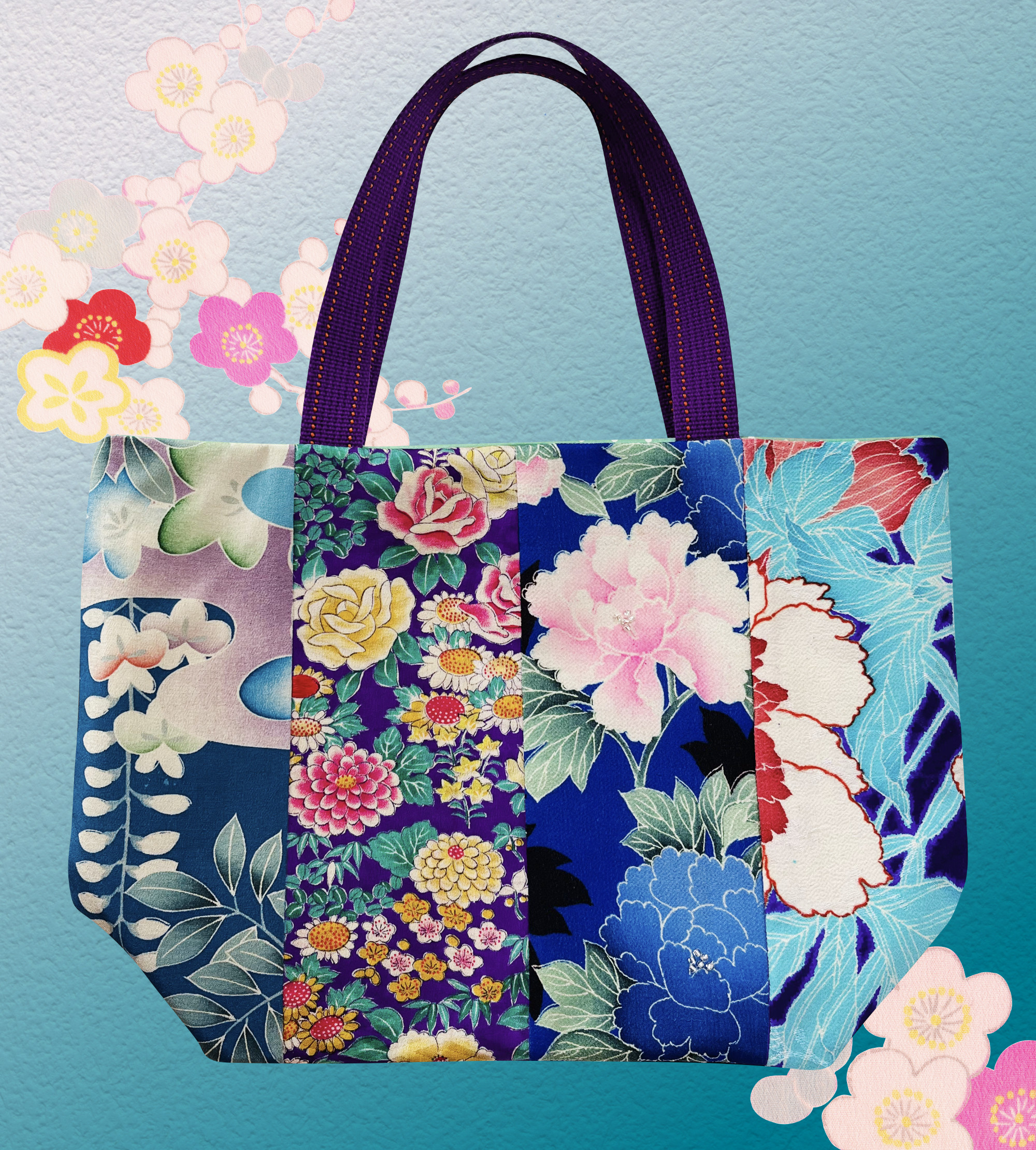 アンティーク着物パッチワークバッグ露草