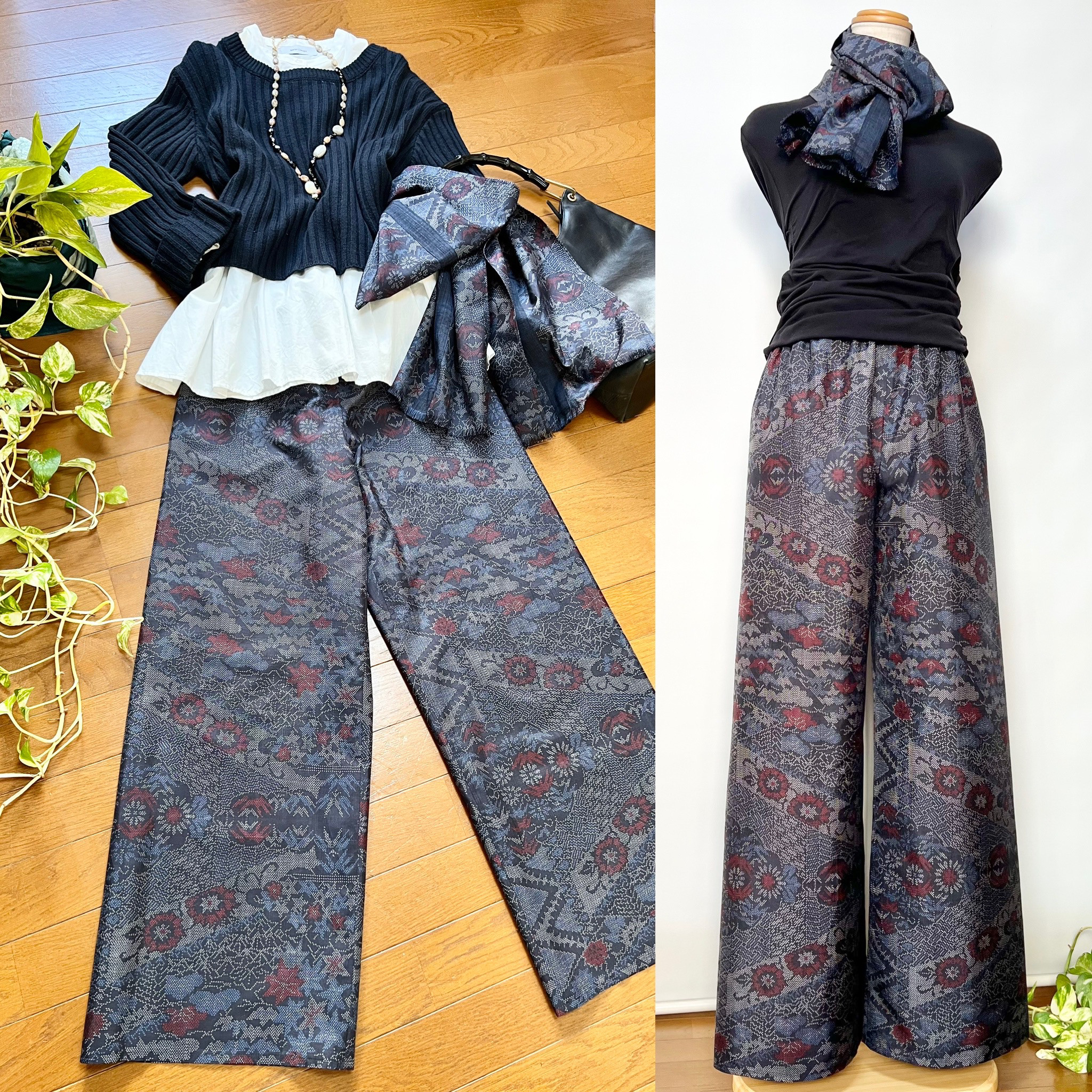 大島紬＊股下71.5cmゆったりストレートパンツ＋ストール＊裏地付き＊着物リメイク