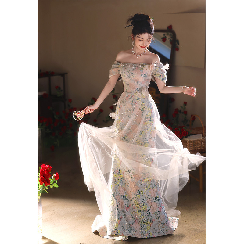 綺麗 オフショルダー カラーパーティードレス 高級感 優雅 結婚式 謝恩会 演奏会 前撮り 披露宴 08912