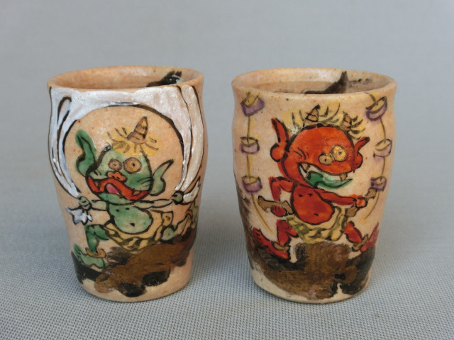 105-0020-0021　徳利 盃 ぐい呑 酒器 和陶器 和モダン /　風神雷神ぐい呑