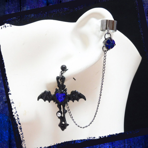 十字架 クロス 羽根 フェザー ハート 青ブルー チェーン イヤー