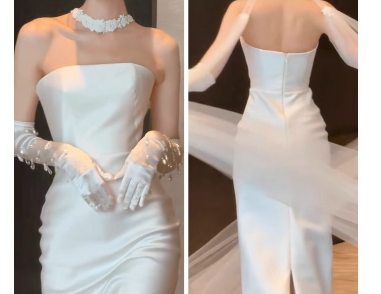 ノースリーブ 白 黒 サテン ウェディングドレス シンプル 韓国風 花嫁 パーティー 演奏会 二次会 前撮り HL435