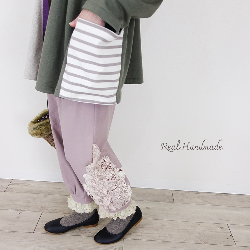 [予約販売] 万葉木綿くすみピンク・片側レース重ねのふんわりパンツ