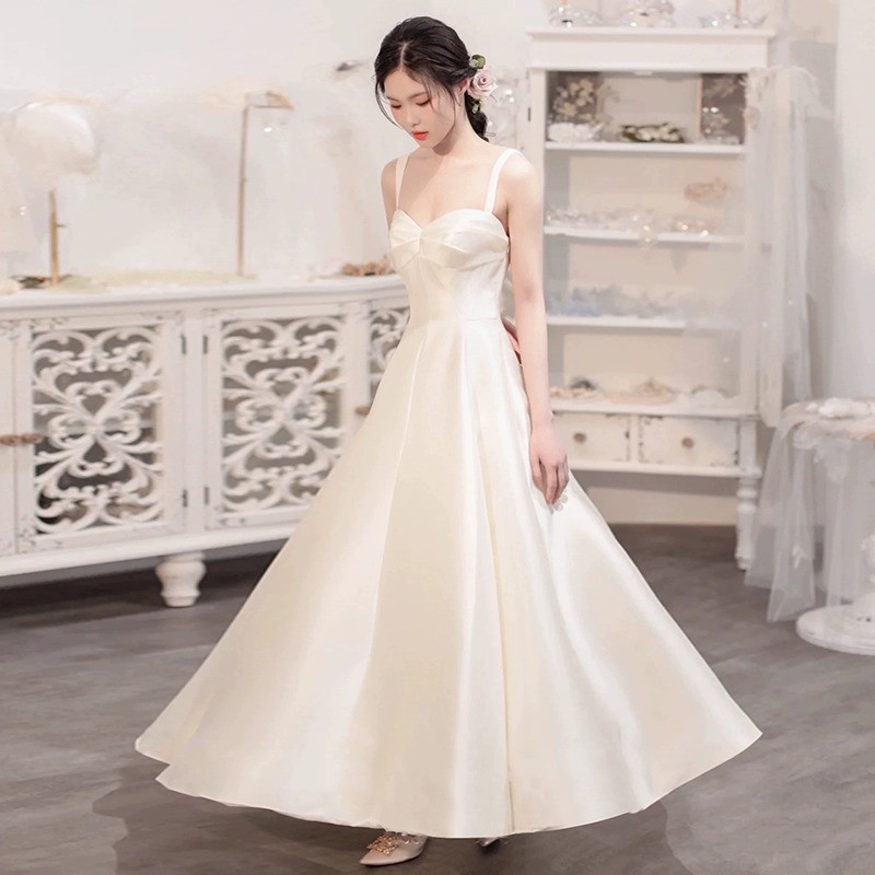 ノースリーブ 白 黒 サテン パーティードレス シンプル 韓国風 花嫁 パーティー 演奏会 二次会 前撮り HL441