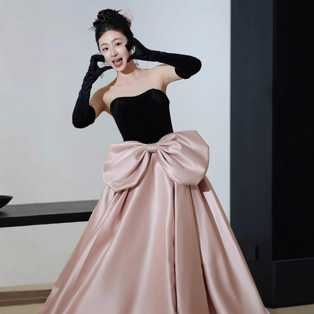 ノースリーブ ピンク サテン リボン パーティードレス 花嫁 誕生日 パーティー 演奏会 二次会 前撮り HL442