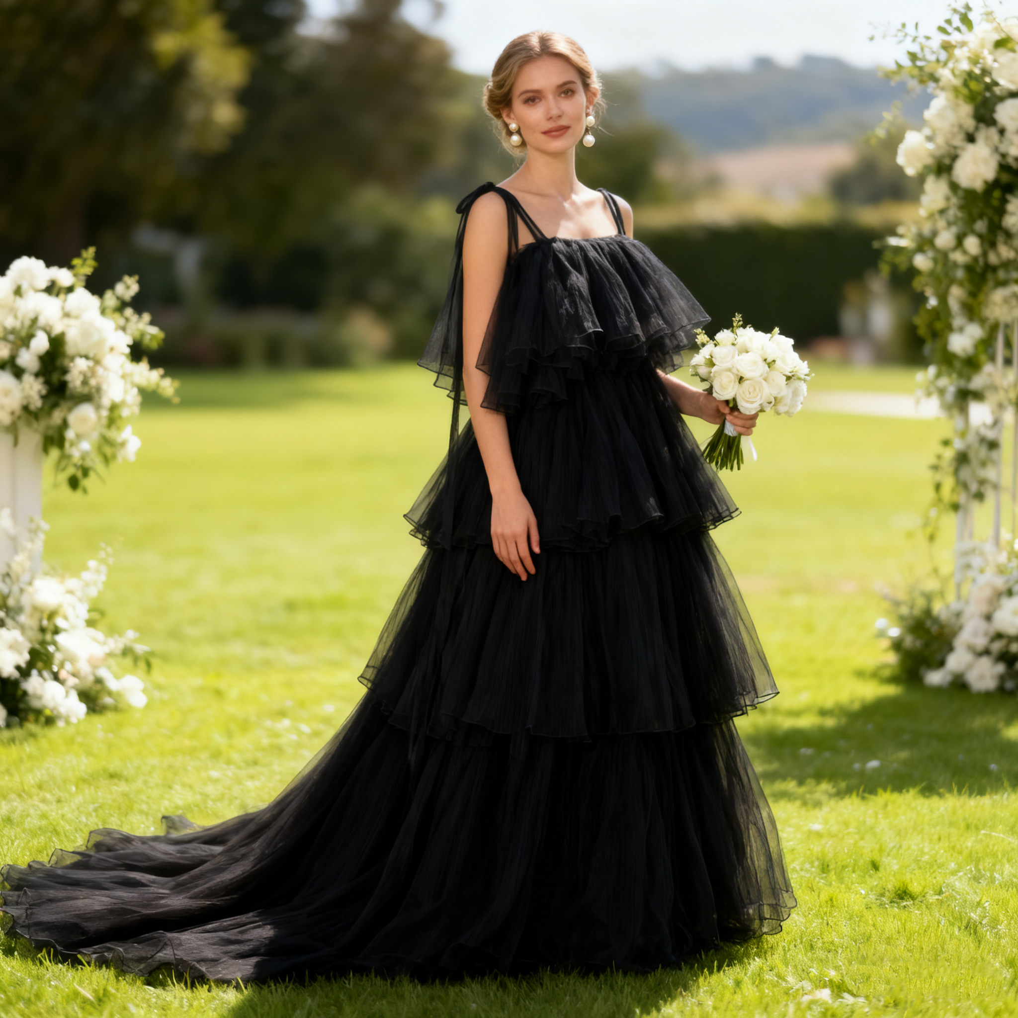 送料無料！カラードレス キャミソール ブラック ティアードのドレス プリーツスカート トレーン エレガント 前撮り