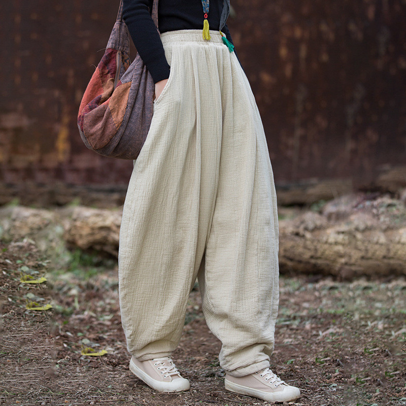 綿麻衍縫ワイドパンツ｜文芸復古 ナチュラルスタイル 冬のゆったり保暖ズボン BXF3518
