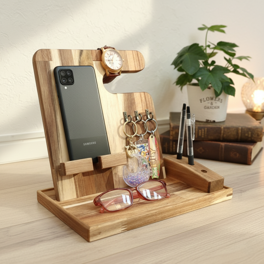 木製マルチスタンド - スマホ＆小物整理 | スタイリッシュな収納で毎日を快適に