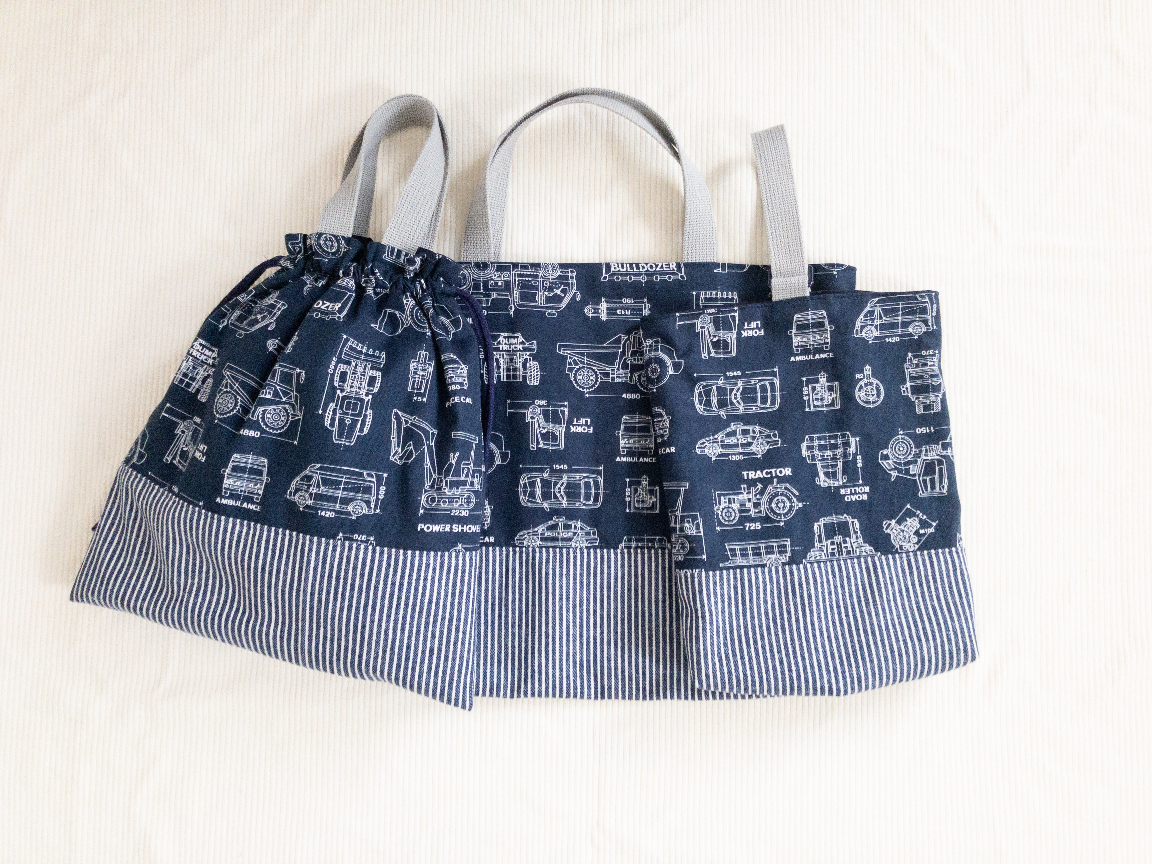 ＼名入れ／【入園入学3点セット】はたらく車の設計図ネイビー　レッスンバッグ　シューズケース　お着替え袋