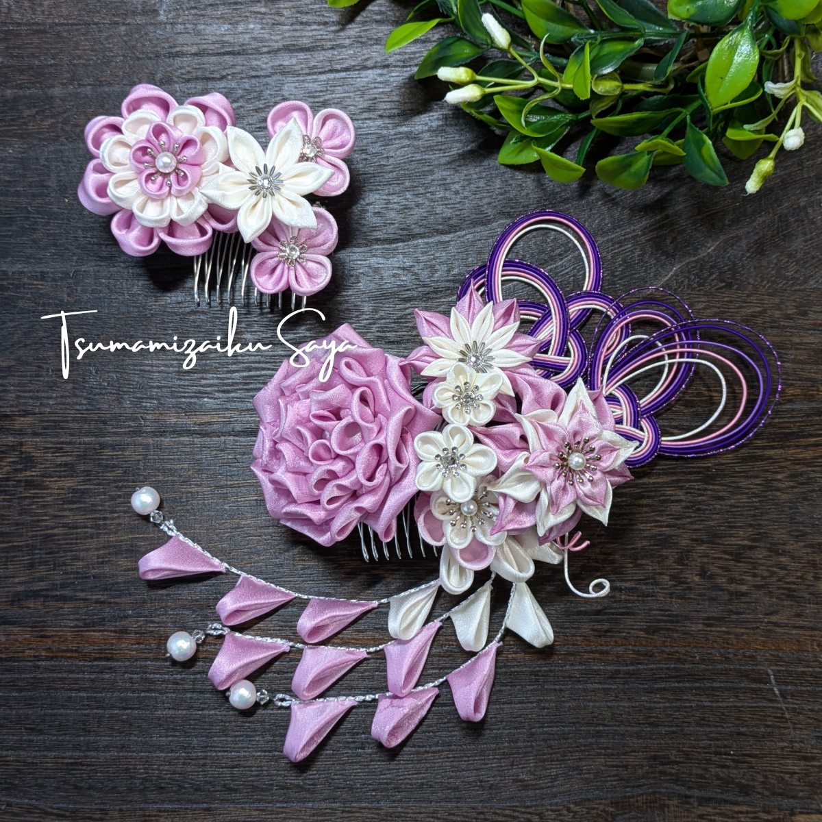 つまみ細工 髪飾り 和装 成人式 七五三 浴衣 卒業式 コーム さがり紫 藤紫 ピンク ppl-9