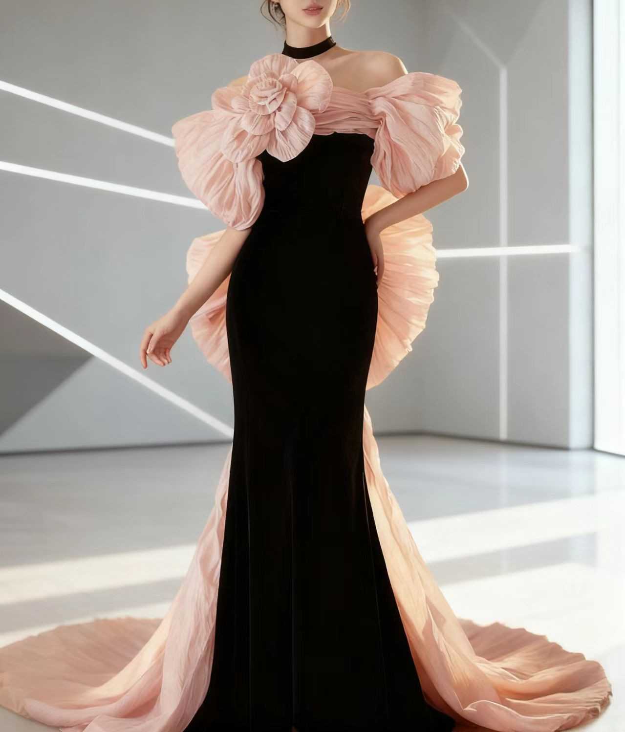 ヘプバ  オーダーメイド可能  高みせ 細見えシルエット　黒オフザショルダーロ  演奏会 ウエディングドレス パーティー