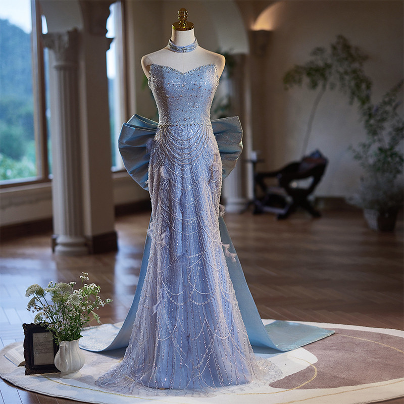 綺麗 青 スパンコール キラキラ リボン マーメイドドレス 裾引き 高級感 演奏会 二次会 前撮り 披露宴 08906