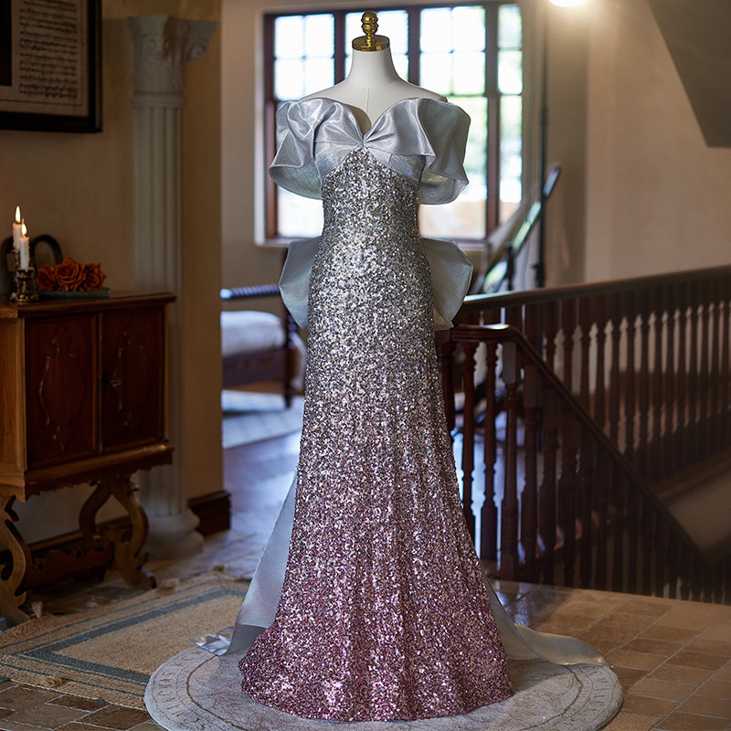 綺麗 シルバー スパンコール キラキラ リボン マーメイドドレス 裾引き 演奏会 二次会 前撮り 披露宴 08898