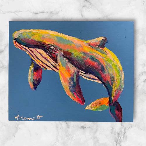 お部屋を明るく☆カラフルなクジラのキャンバスアート原画/1点もの絵画