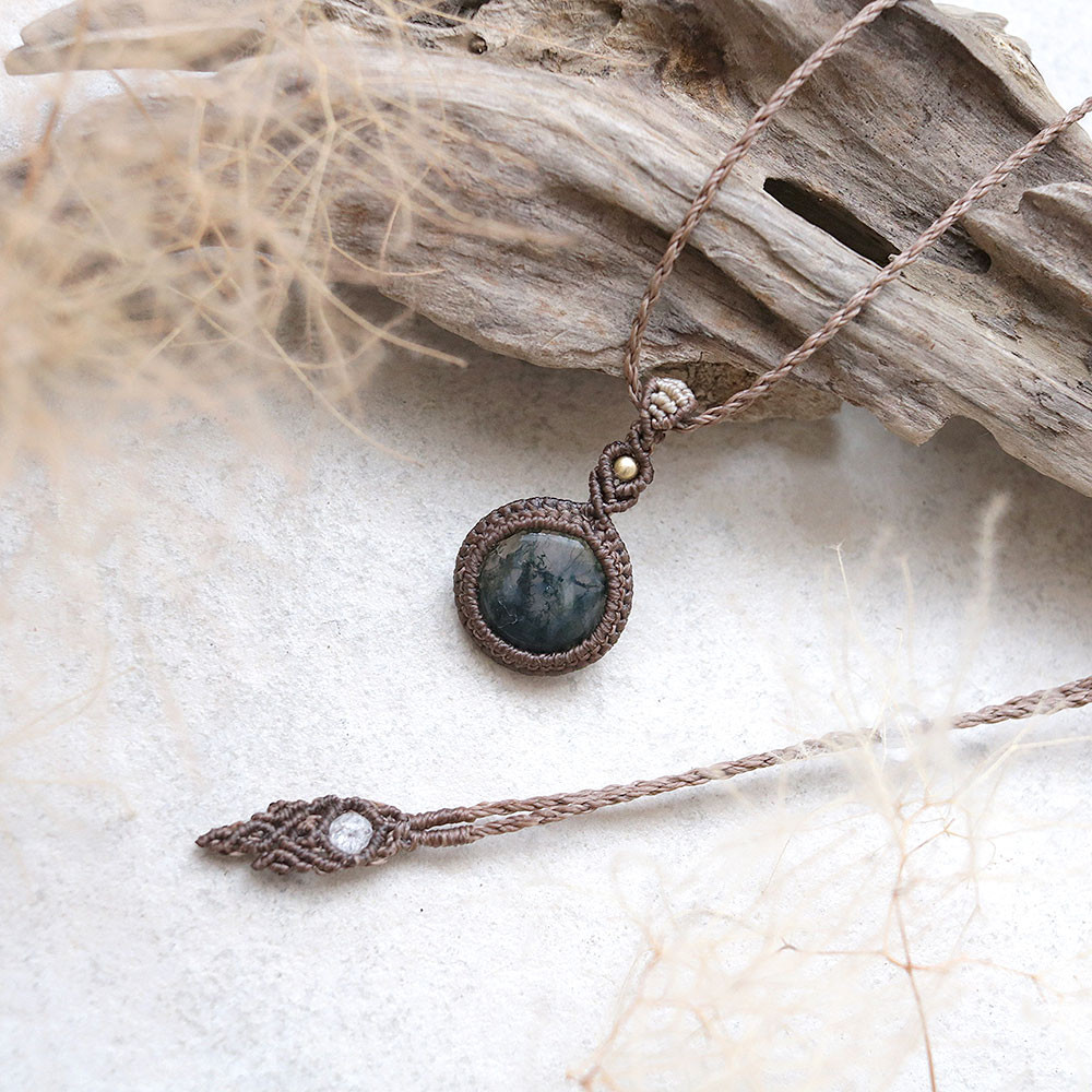 モスアゲート天然石マクラメネックレスmac439-エスニックアジアン好きが作るエキゾチックなマクラメアクセサリー