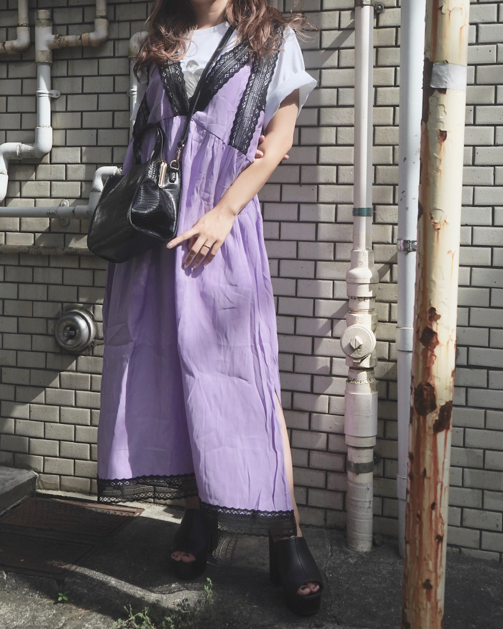 Lace Trim Flare Long Jumper Skirt (light purple)　ワンピース　カジュアル