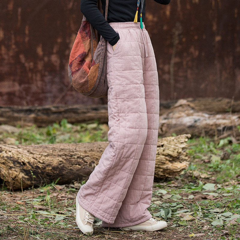 綿麻方格衍縫パンツ｜文芸復古スタイル 冬のナチュラルワイドパンツ BXF3522