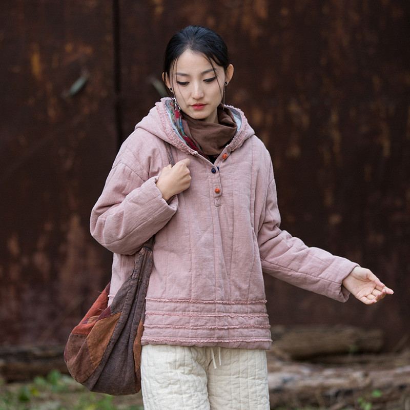 綿麻竪格衍縫Tシャツ｜文芸復古 スローライフスタイル 磨毛仕上げ 長袖トップス BXF3525