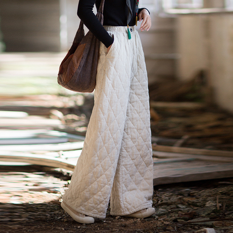 綿麻衍縫ストレートパンツ｜文芸復古 ナチュラル禅意スタイル 冬季保温ロングパンツ BXF3528