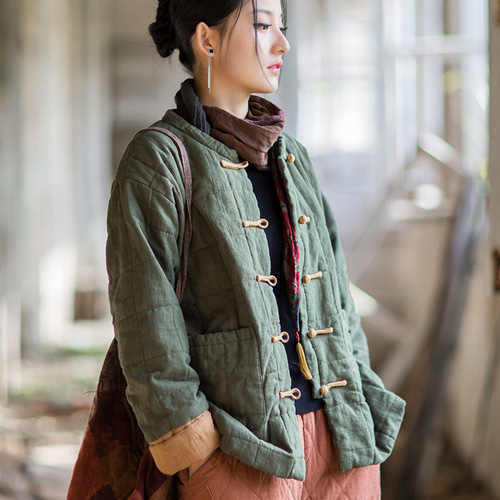 綿麻方格衍縫ショートジャケット｜文芸復古 ナチュラル中式改良