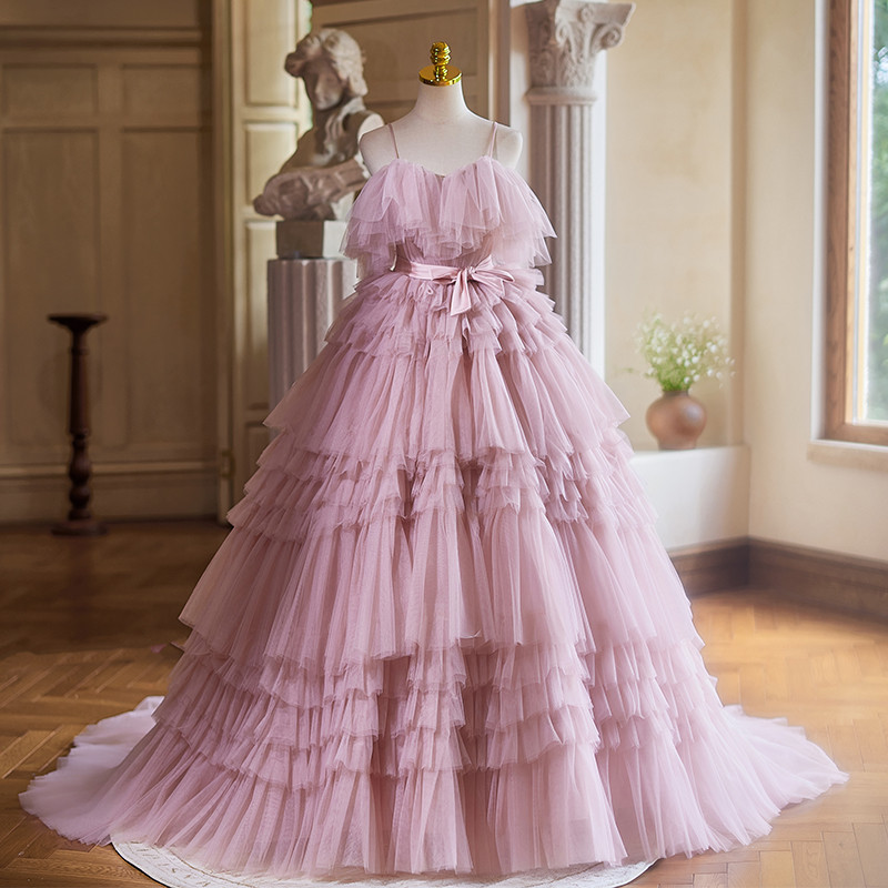 綺麗 ピンク ふわふわ パーティードレス 裾引き プリンセス 高級感 謝恩会 演奏会 前撮り 披露宴 08895