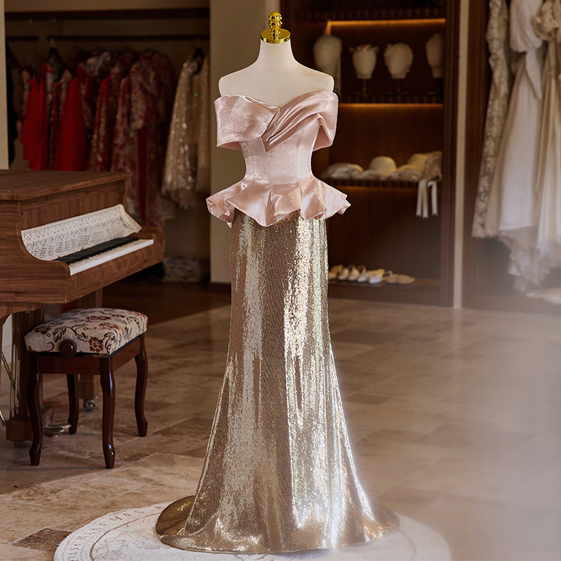 綺麗 ピンク オフショルダー キラキラ マーメイドドレス 高級感 誕生日 演奏会 二次会 前撮り 披露宴 08893