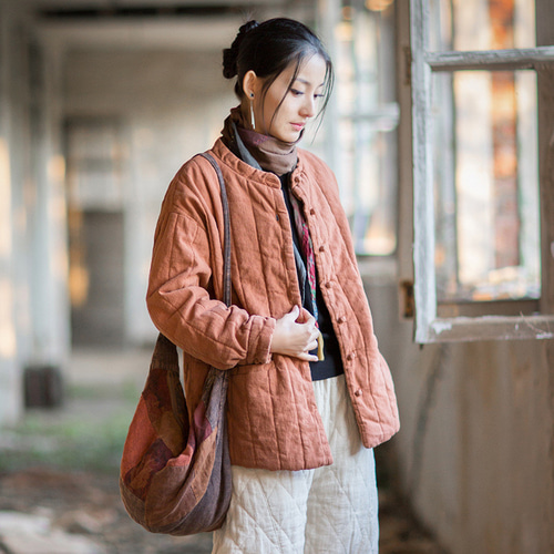 綿麻竪格衍縫ジャケット｜文芸復古 立ち襟 チャイナボタンデザイン