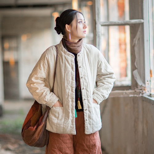 綿麻竪格衍縫ジャケット｜文芸復古 立ち襟 チャイナボタンデザイン