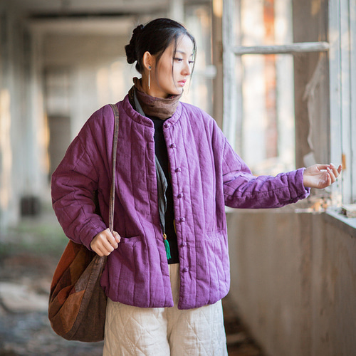綿麻竪格衍縫ジャケット｜文芸復古 立ち襟 チャイナボタンデザイン
