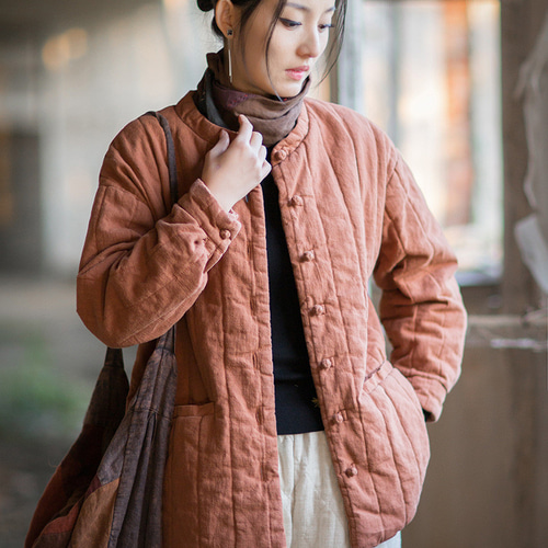 綿麻竪格衍縫ジャケット｜文芸復古 立ち襟 チャイナボタンデザイン