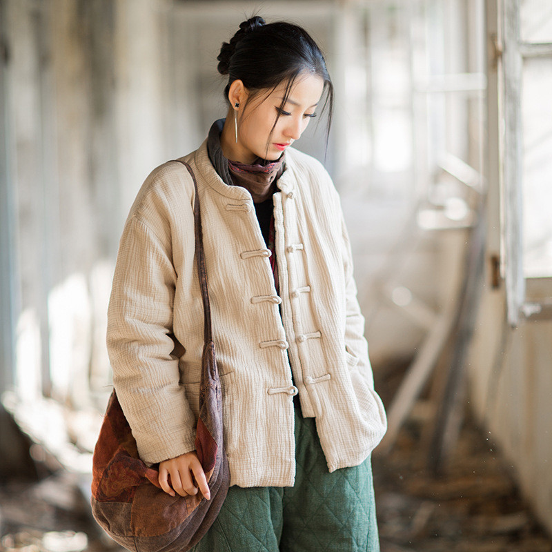 ダブルコットン竪縫ジャケット｜文芸ナチュラル 立ち襟 盤扣デザイン 柔らか肌触り 綿入れコート BXF3539