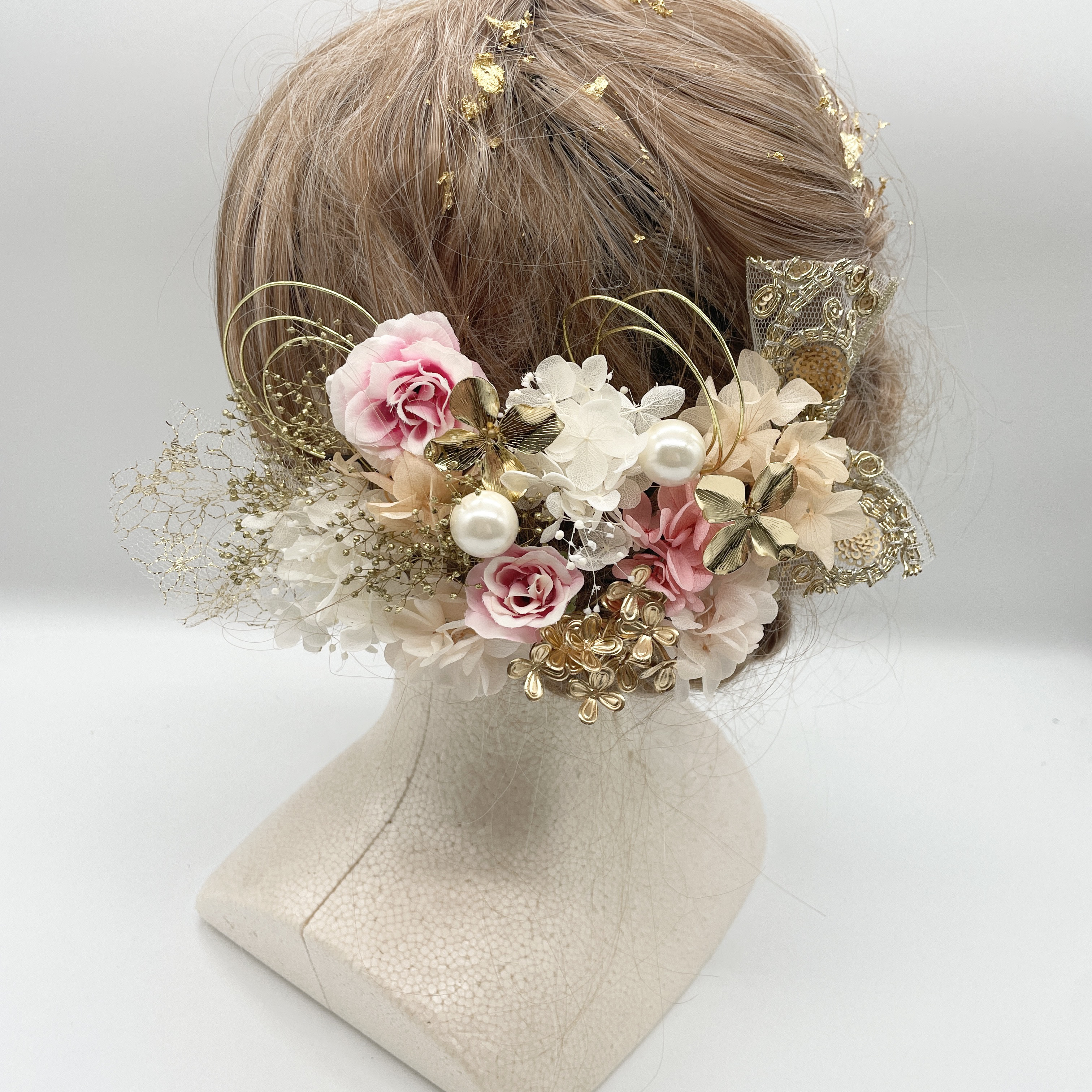和装髪飾り　ヘッドドレス　金箔×水引　ゴールド　ホワイト　ピンク