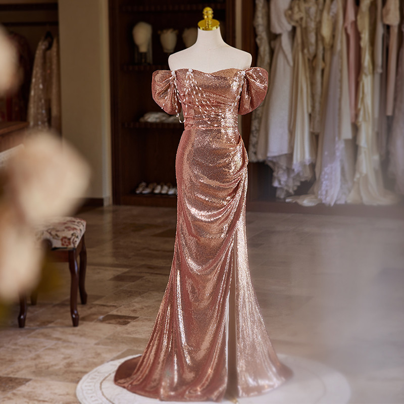 綺麗 ピンク オフショルダー スパンコール キラキラ マーメイドドレス 演奏会 二次会 前撮り 披露宴 08891