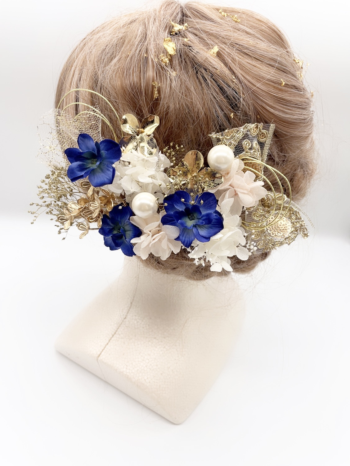 和装髪飾り　ヘッドドレス　金箔×水引　ゴールド　ホワイト　ブルー