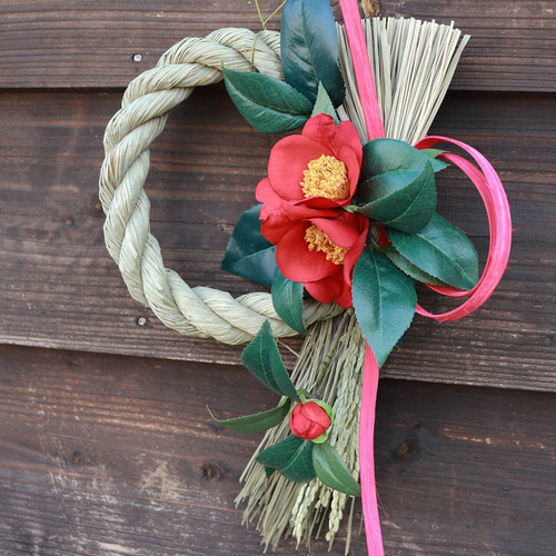 約幅27cm◇ お正月 しめ縄リース 赤椿 しめ飾り しめ縄 アーティ