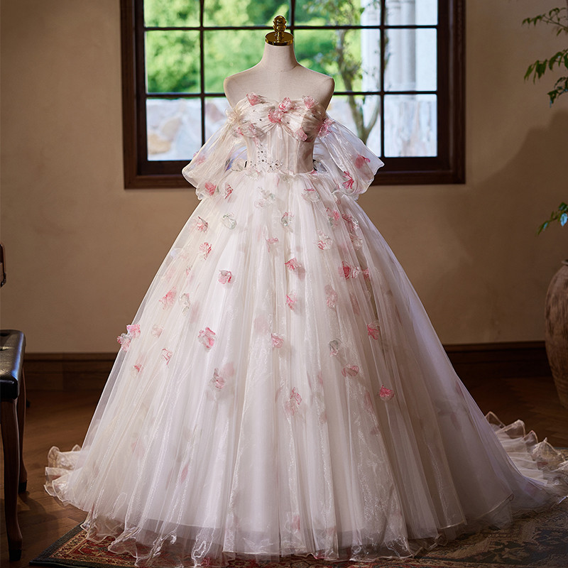綺麗 白 ふわふわ オフショルダー 立体花 パーティードレス プリンセス 花嫁 演奏会 前撮り 披露宴 08883