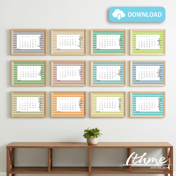 2026年 カレンダー 12か月分 / striped ★ ダウンロード【データ販売 A4 はがき L判 印刷 】 1枚目の画像