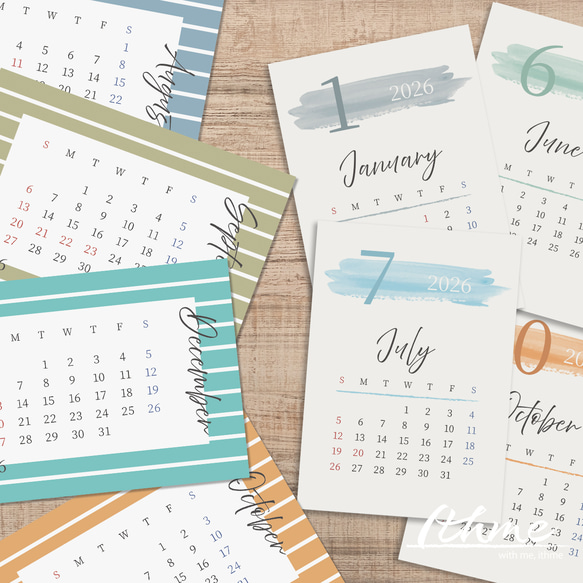 2026年 カレンダー 12か月分 / striped ★ ダウンロード【データ販売 A4 はがき L判 印刷 】 8枚目の画像