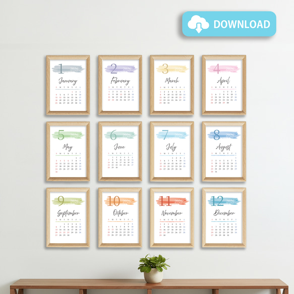 2026年 カレンダー 12か月分 / 12colors ★ ダウンロード【データ販売 A4 はがき L判 デジタル 】 1枚目の画像