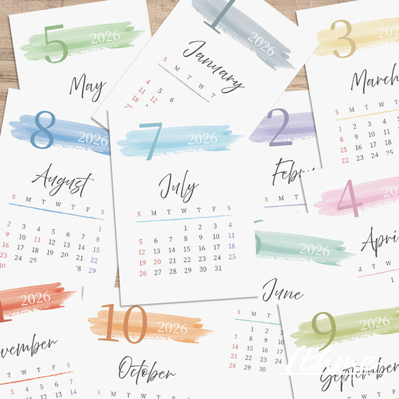 2026年 カレンダー 12か月分 / 12colors ★ ダウンロード【データ販売 A4 はがき L判 デジタル 】 3枚目の画像
