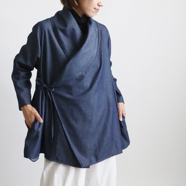 春うららＳＡＬＥ　甘織デニム　ローブ襟　カシュクール　コート　ジャケット　羽織り　ゆったり　インデイゴK84