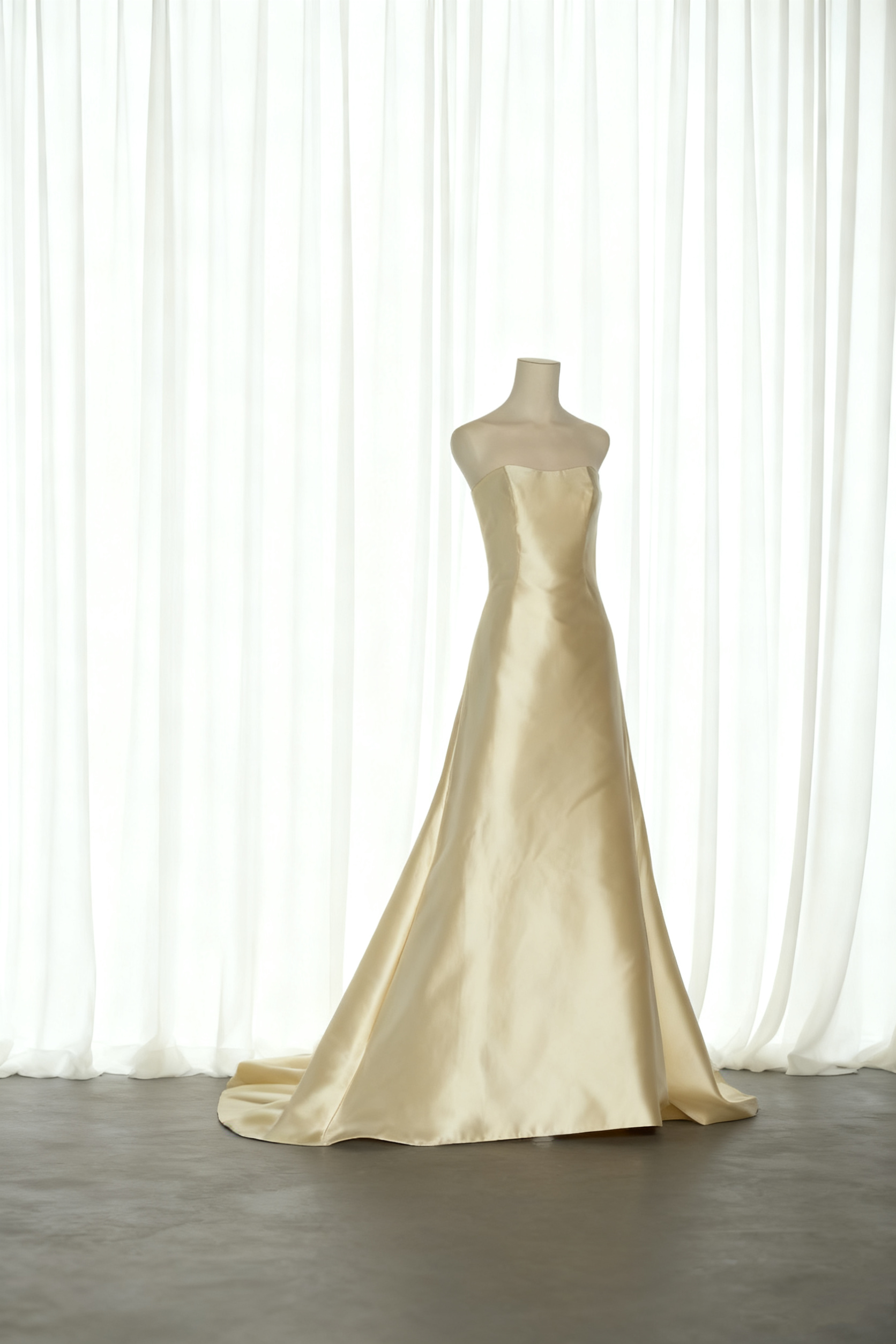 送料無料！パーティードレス 薄シャンパン色 ベアトップ  スレンダーライン ミカドサテン ソフトマーメイドライン 優雅な