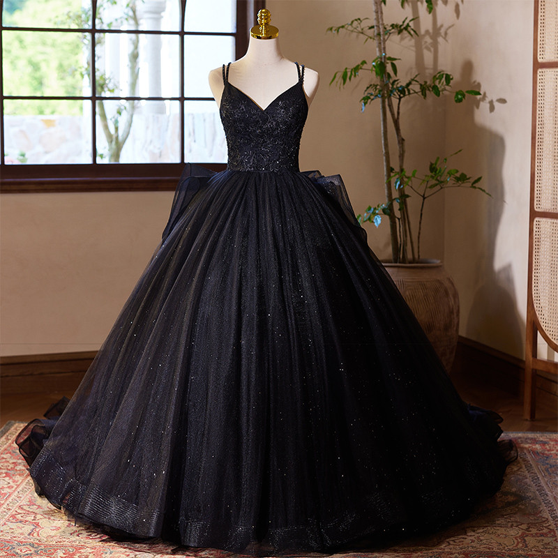 綺麗 黒 ふわふわ パーティードレス 裾引き プリンセス 花嫁 成人式 演奏会 前撮り 披露宴 08882