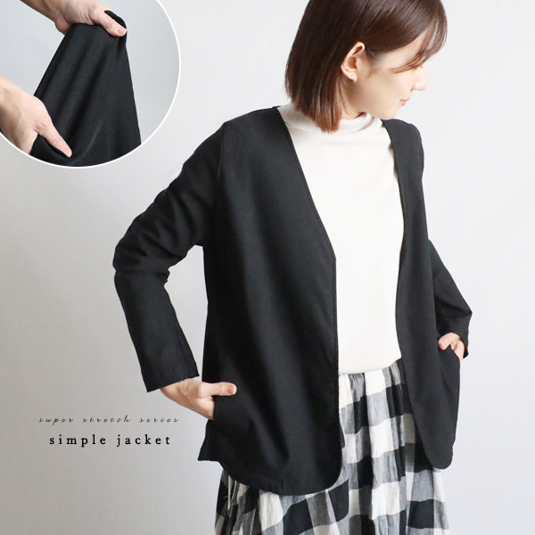 新作　斜横ぐーんと伸びる伸縮ストレッチ生地　ノーカラージャケット　 羽織 　ブラック　卒業　卒園　K92◎