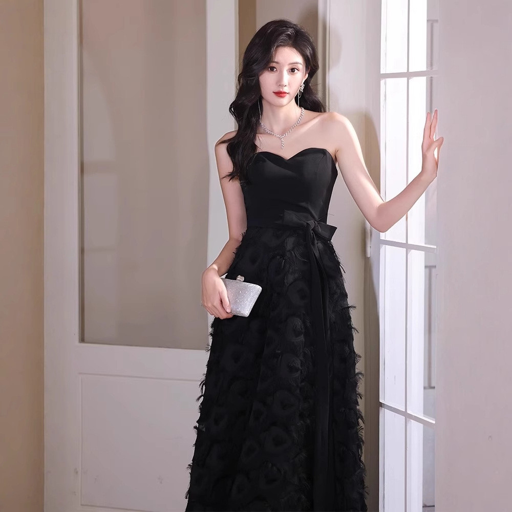 ノースリーブ 黒 パーティードレス シンプル 高級感 韓国風 パーティー 演奏会 二次会 前撮り HL454