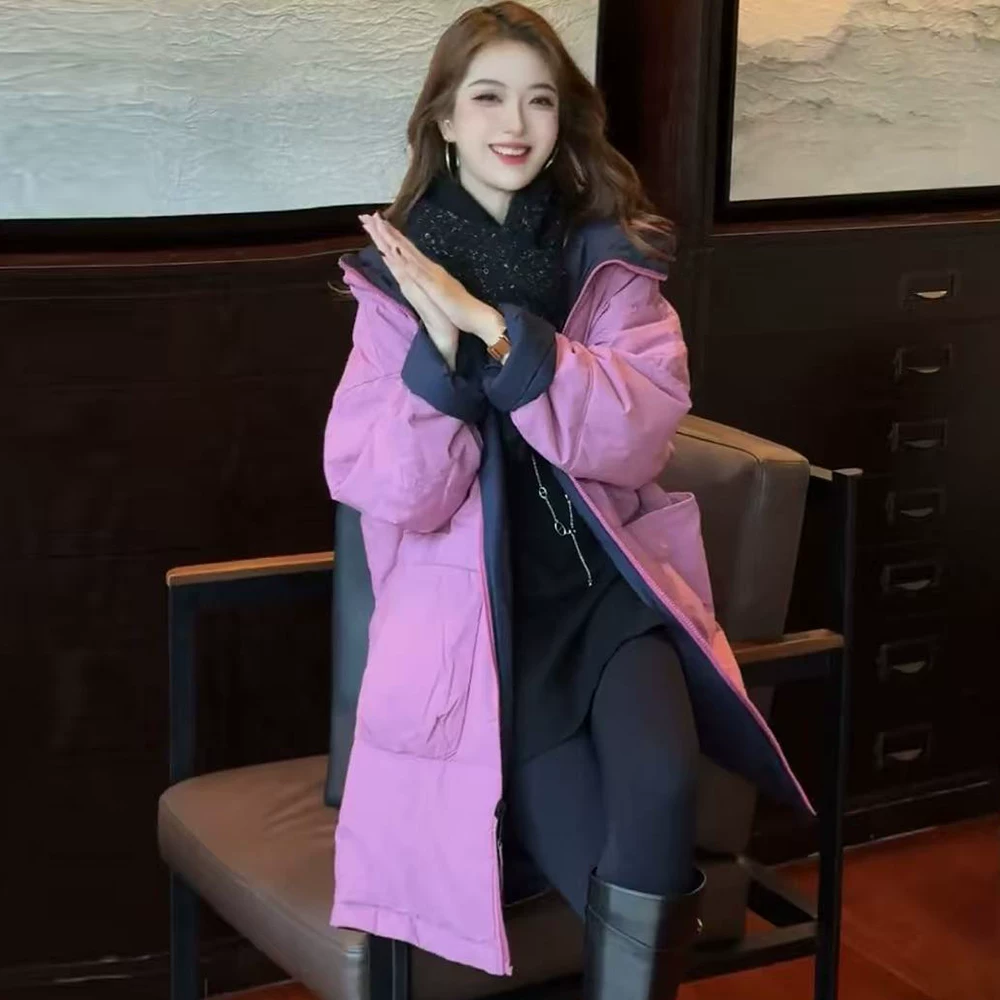 2025年ストレートホワイトカモフラ牛角ボタン ダウンジャケット女性中長期大毛襟厚手冬ファッションコート 高級感 旅行