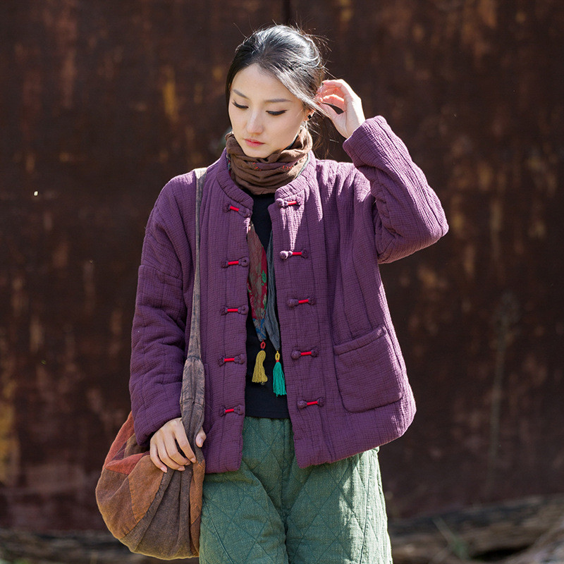 ダブルコットン竪格衍縫ジャケット｜文芸ナチュラル 立ち襟 チャイナボタン 柔らか肌触り 綿入れコート BXF3551