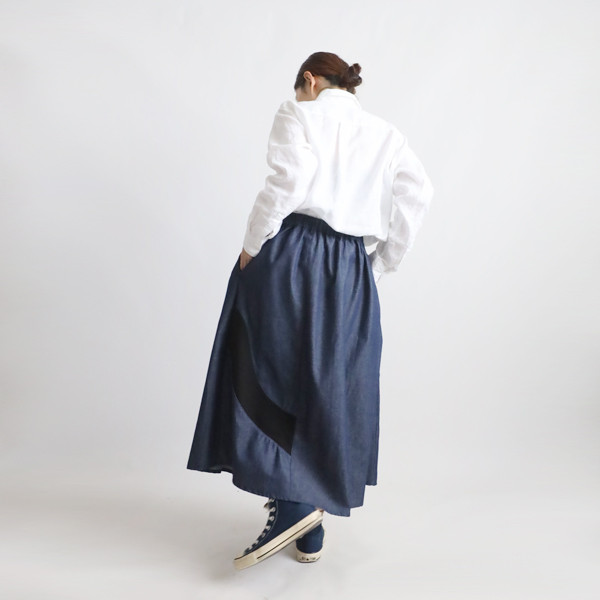 （送料無料）春のスカートまつり　７８cm丈　愉快なパッチワーク　ギャザー スカート　甘織デニム　Y06A